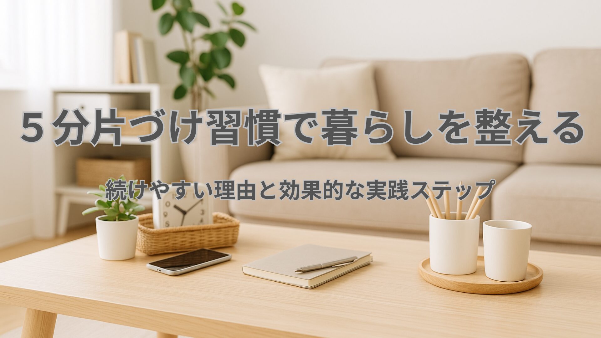 「5分片づけ習慣」のアイキャッチ画像。明るいリビングやデスクを背景に、シンプルに片づけられた空間を表す。