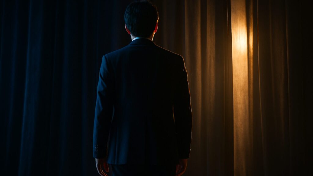 青と金の光が交差する暗い舞台に立つ人物の後ろ姿。沈黙と心理戦を象徴する情景。