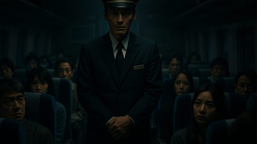 車掌が乗客を前に決断する緊迫の車内シーン。薄暗い照明が緊張を高める。