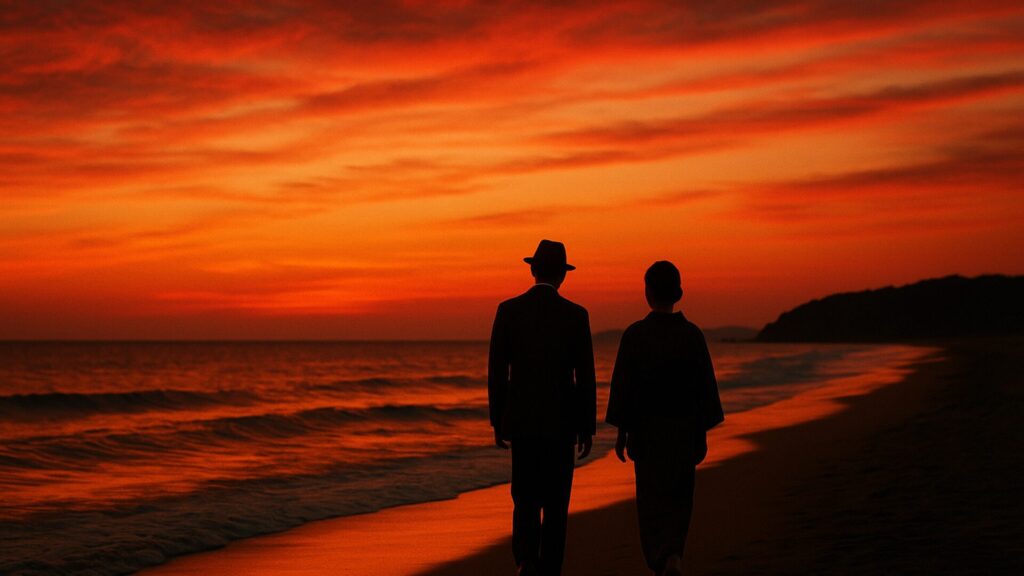 海辺の夕暮れ。赤く染まる空の下で、夫婦が少し距離を置いて並んで歩く後ろ姿。波が静かに寄せる。