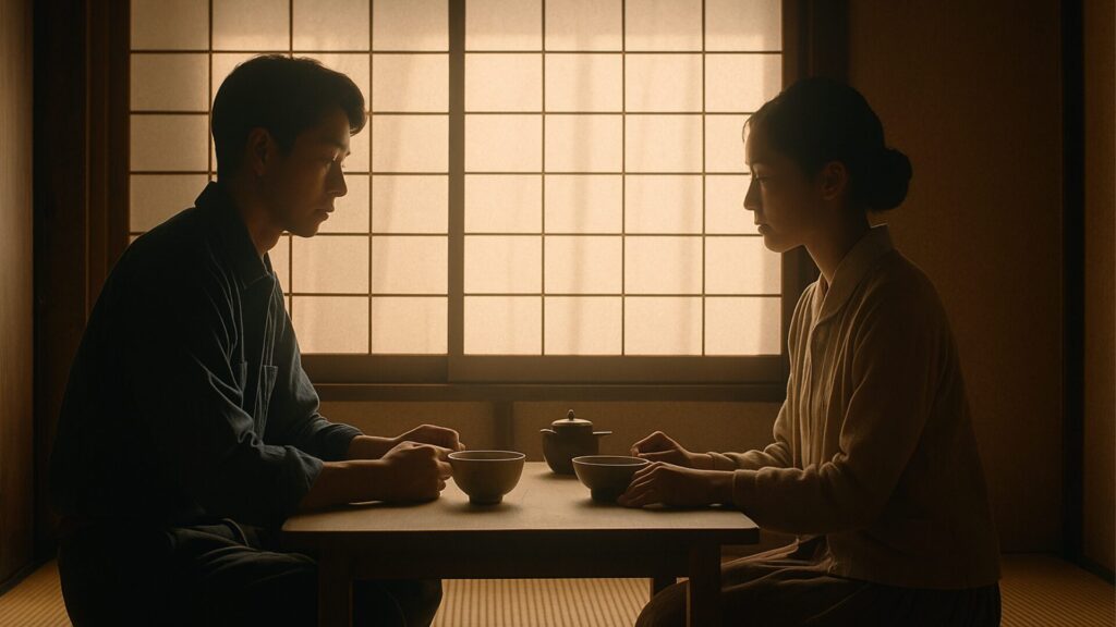 室内。小さな食卓で向かい合う二人。障子越しに柔らかな朝の光。沈黙の中に温もりがある構図。