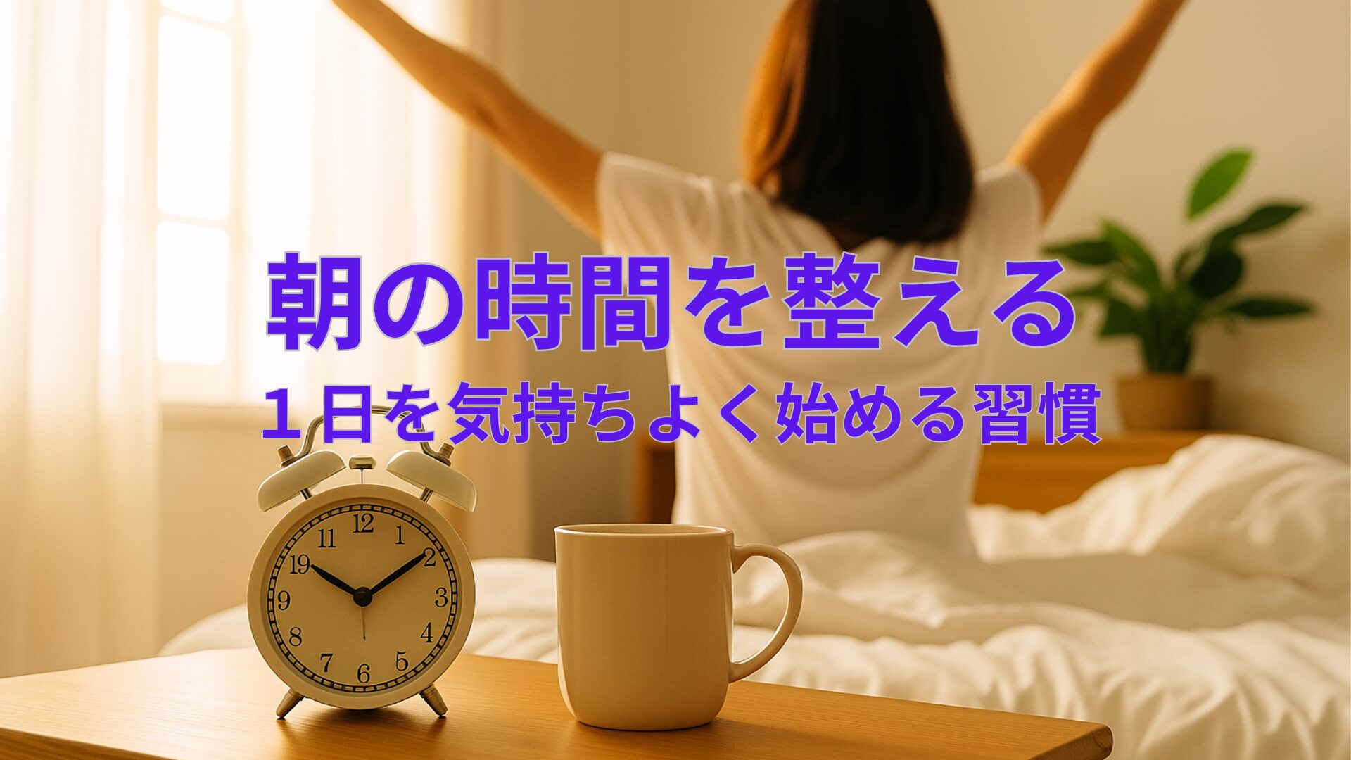 「朝のルーティーン」のアイキャッチ画像。朝の光が差し込む明るいリビングでカーテンを開ける女性を表す。