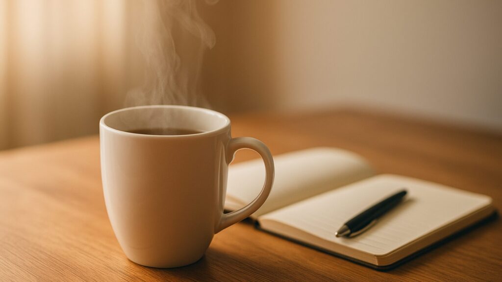 木目のテーブルに置かれた白いカップから湯気が立ちのぼる。朝の光に包まれた静かなひととき。
