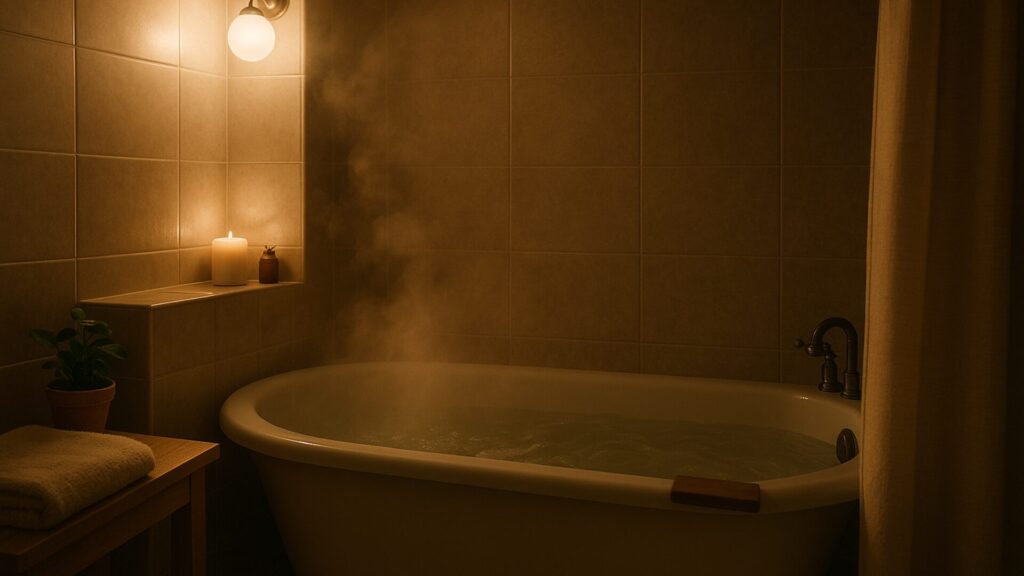 湯気が立ちのぼるバスタブとやわらかな光に包まれた浴室。心と体をゆるめる夜のひととき。