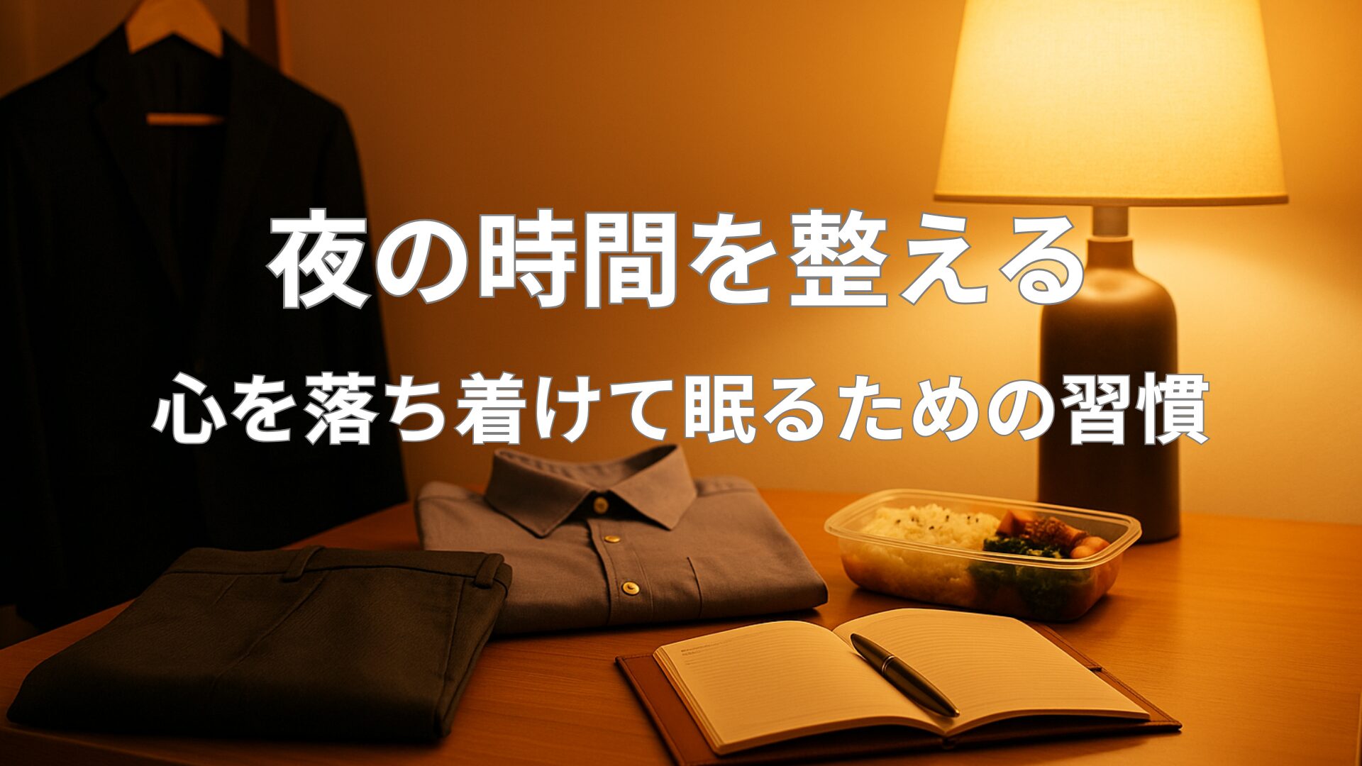 「夜のルーティーン」のアイキャッチ画像。夜の寝室に暖色系の灯りが灯り、本やハーブティーが置かれた落ち着いた雰囲気を表す。