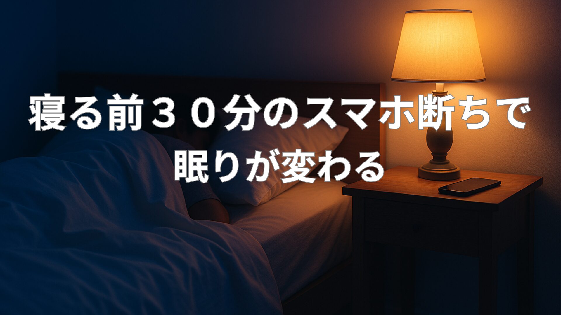 「寝る前にスマホをやめると睡眠の質が変わる」のアイキャッチ画像。 消えたスマホ画面と柔らかな照明の寝室を背景に、快眠を象徴する落ち着いた雰囲気を表す。