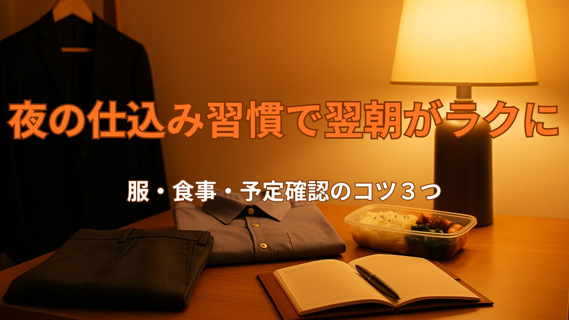 「夜の仕込み習慣」のアイキャッチ画像。整えられた服、準備された食事、机上の手帳を背景に夜の習慣を表す。