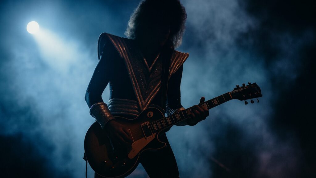 銀色の衣装のギタリストがライトを浴びて演奏する、KISS黄金期を思わせるステージイメージ。