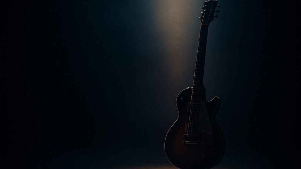 ステージ上に置かれたギターを背後のライトが照らす。静けさと余韻が残る、エース・フレーリーへの追悼を象徴するイメージ。