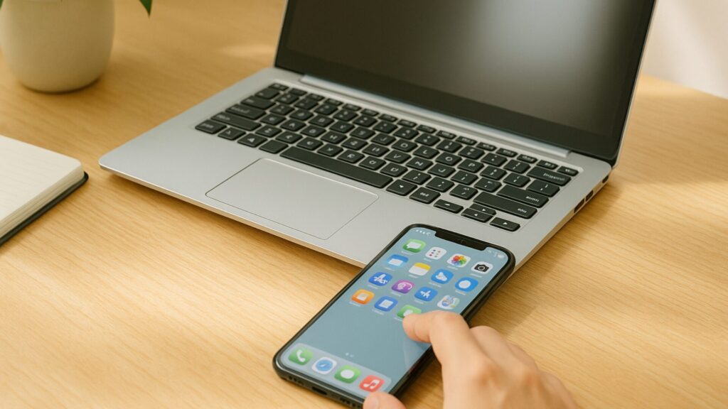 明るい木目の机の上にノートパソコンとスマートフォンが並び、手がアプリを整理している。整然とした画面が、デジタル整理を実践する穏やかな雰囲気を表現。