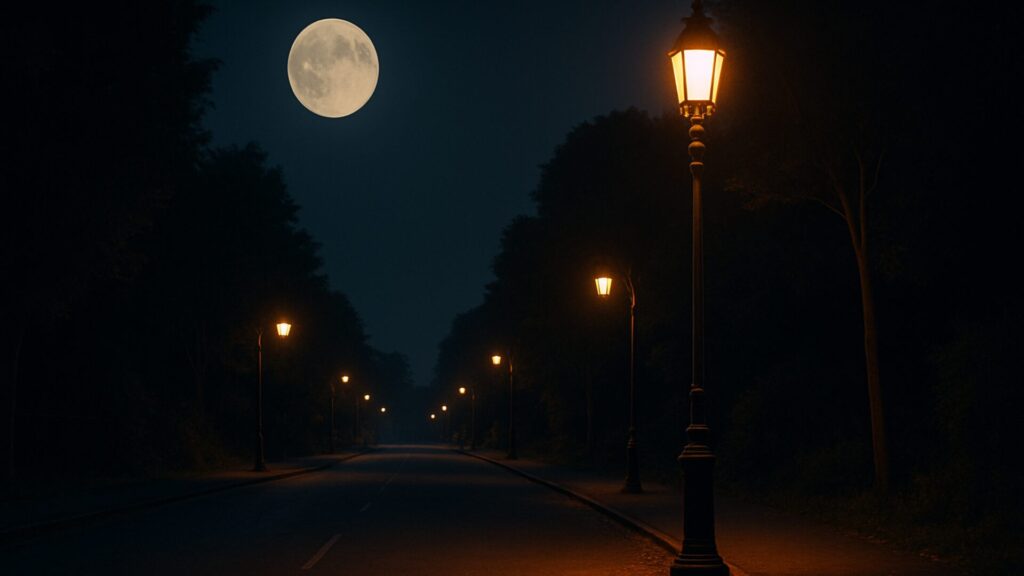 「平場の月」の本文画像。月と街灯だけの静かな夜道。