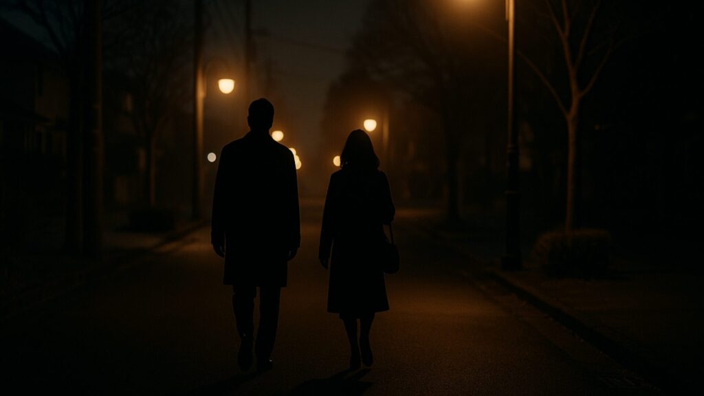 「平場の月」の本文画像。街灯が灯る道を、男女のシルエットが別々の方向へ歩き出す静かなラストシーンを思わせる情景を表す。