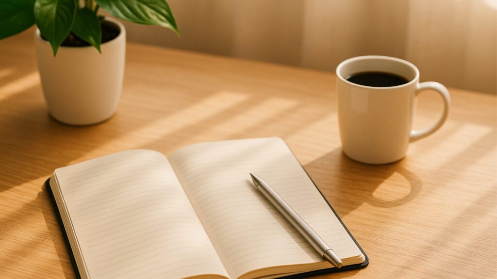 木のテーブルの上にノートとペン、白いカップが置かれ、朝の日差しが差し込む穏やかな空間。足るを知る暮らしを象徴する心静かなワークスペース。