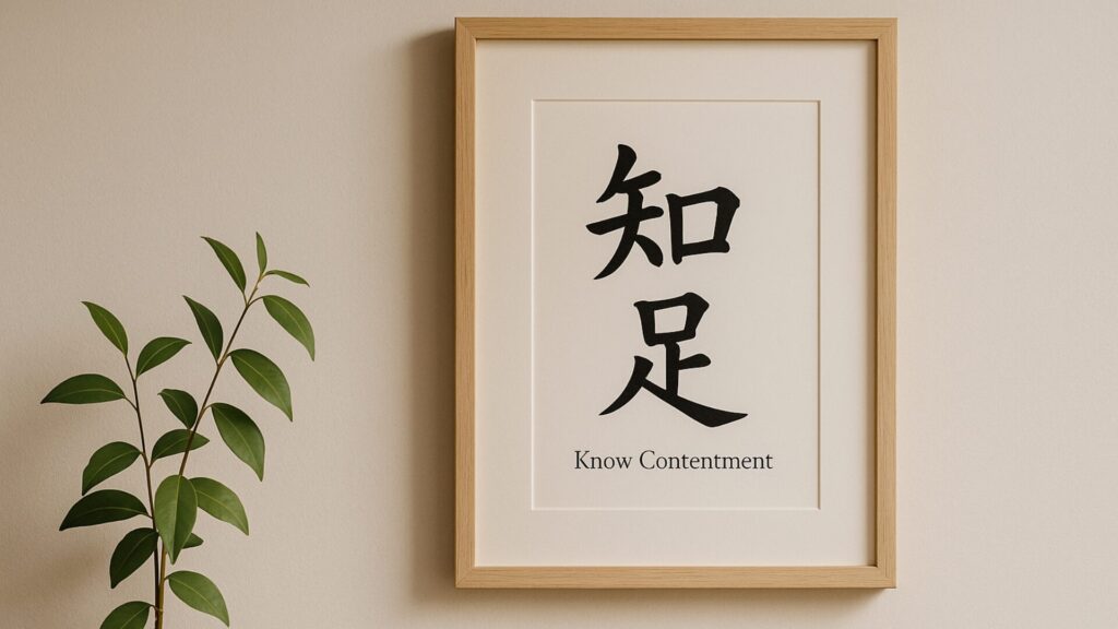 明るい壁に「知足(Know Contentment)」と書かれた額縁が掛けられ、隣に観葉植物が置かれている。光がやわらかく差し込む、足るを知る暮らしを象徴する空間