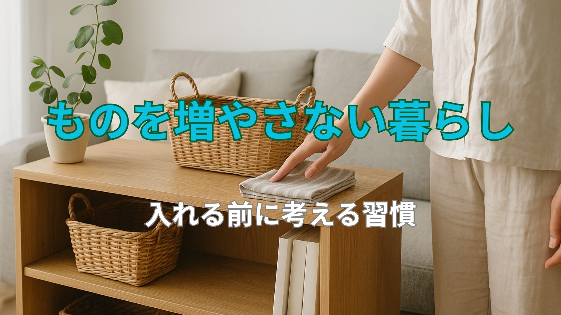 ナチュラルな木目の棚に、かごと観葉植物、たたまれた布が並ぶ。余白のある整ったリビングで、ものを増やさない暮らしの穏やかさを表現。