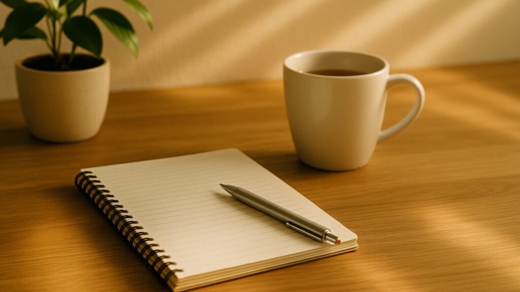 ノートと白いカップ、朝の光。増やさない暮らしの静けさ