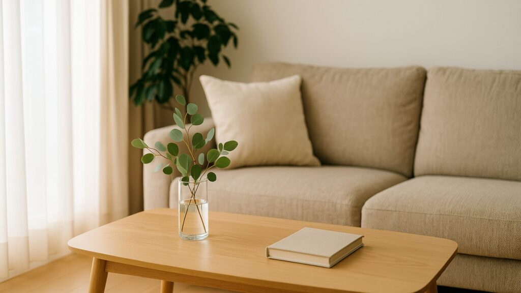 片づいた明るいリビング。木製テーブルに花瓶と本があり、柔らかな光が差し込む。増やさない暮らしの余白を表現。