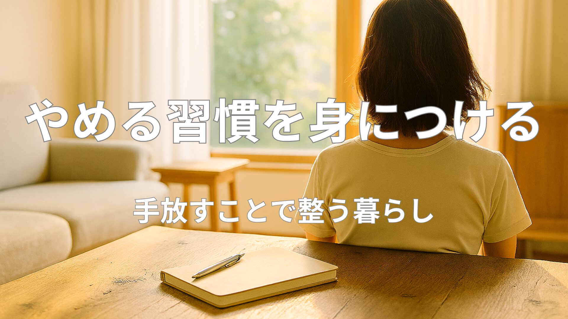 木のテーブルの上に閉じたノートとペンが置かれ、日差しが静かに差し込むリビング。何かを手放したあとの静けさと心の軽さを感じさせる“やめる習慣”の象徴的な構図。