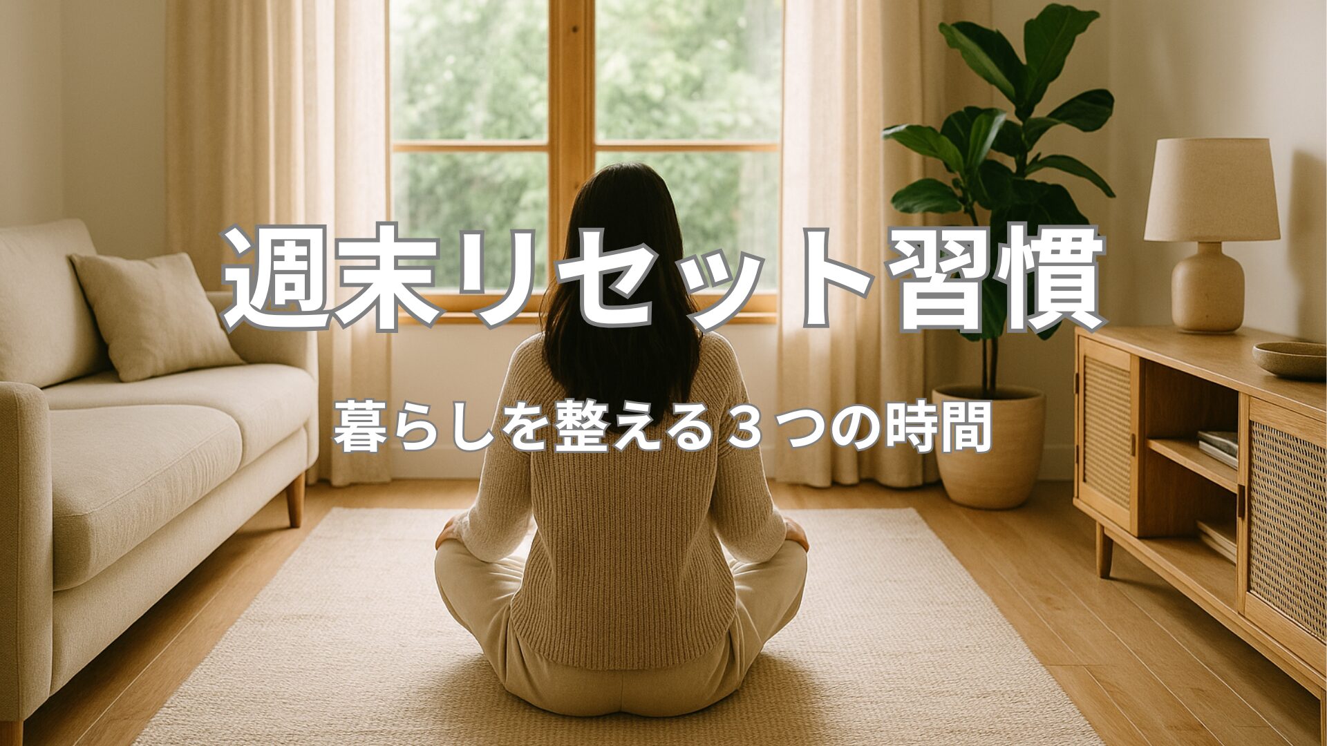 「週末リセット習慣」のアイキャッチ画像。柔らかな光が差し込むリビングで、週末に暮らしを整える時間を過ごす雰囲気を表す。